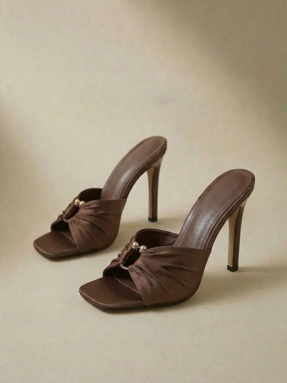 Brown Ruched Slide Sandals with Gold Ring Detail